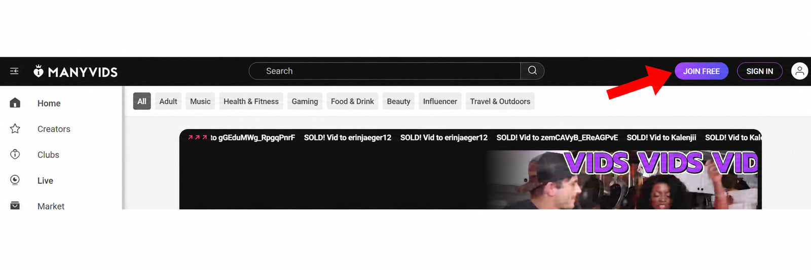 ManyVids homepage showing Join Free button