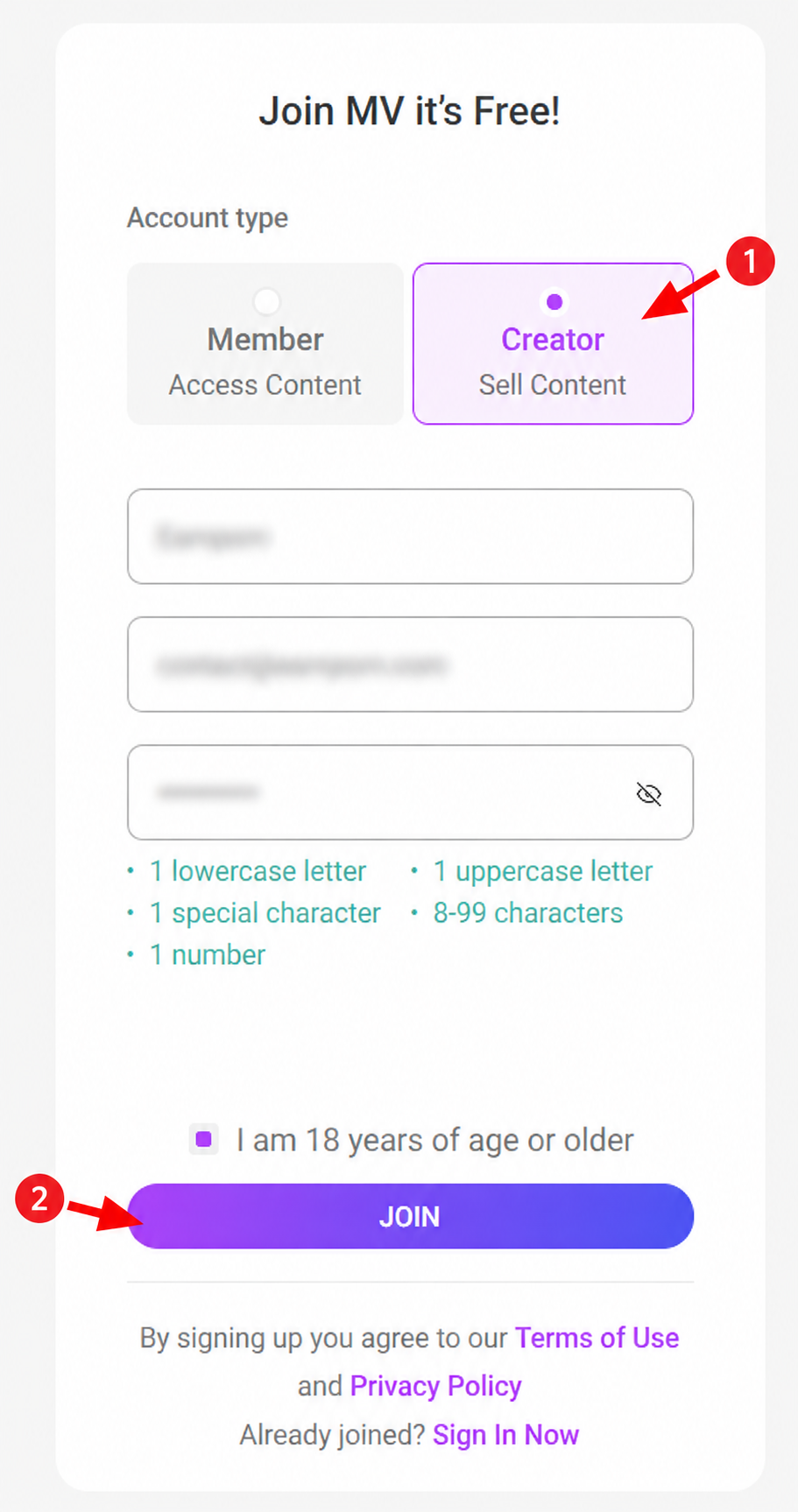 ManyVids signup form with Creator selected and Join button