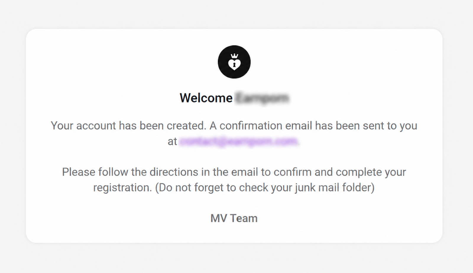ManyVids account created message telling user to confirm email