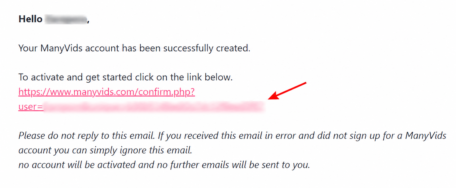 ManyVids account activation email with confirmation link