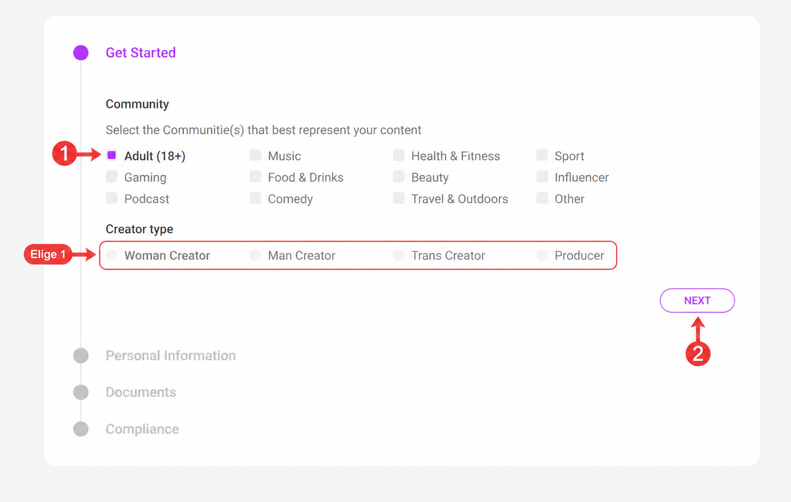 ManyVids Get Started screen with Adult 18+ community creator type and Next button