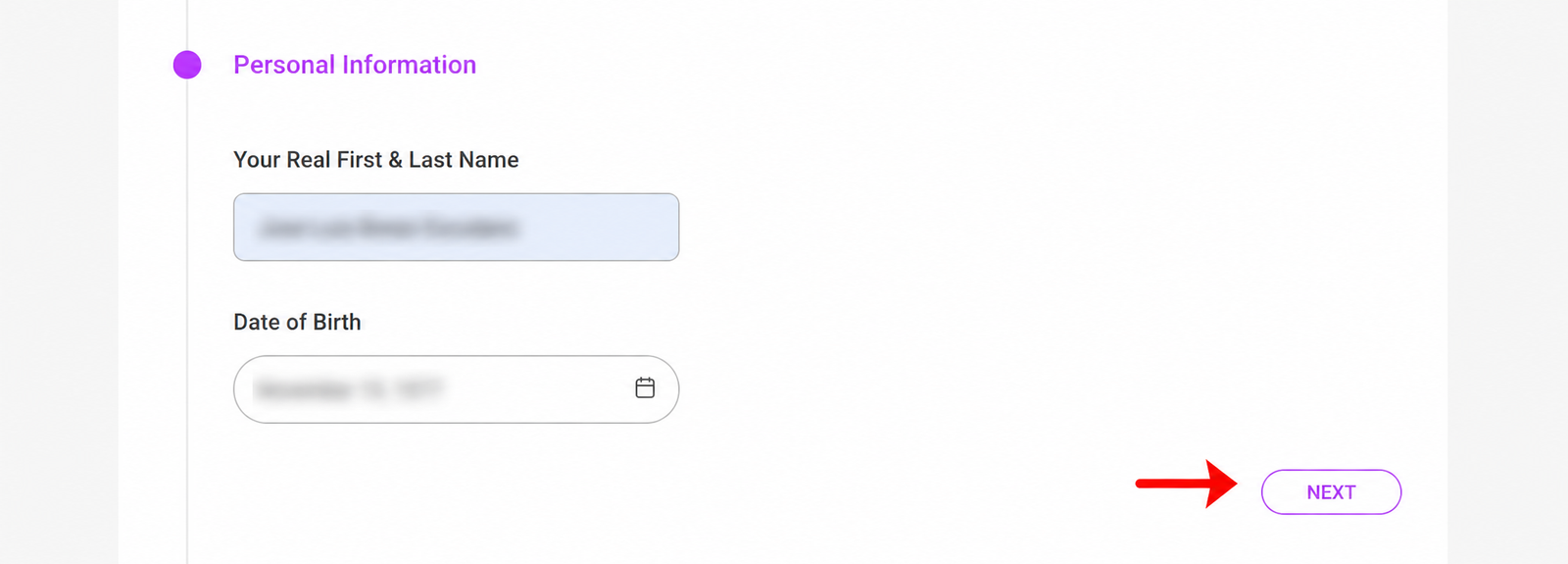 ManyVids Personal Information screen with legal name date of birth and Next button