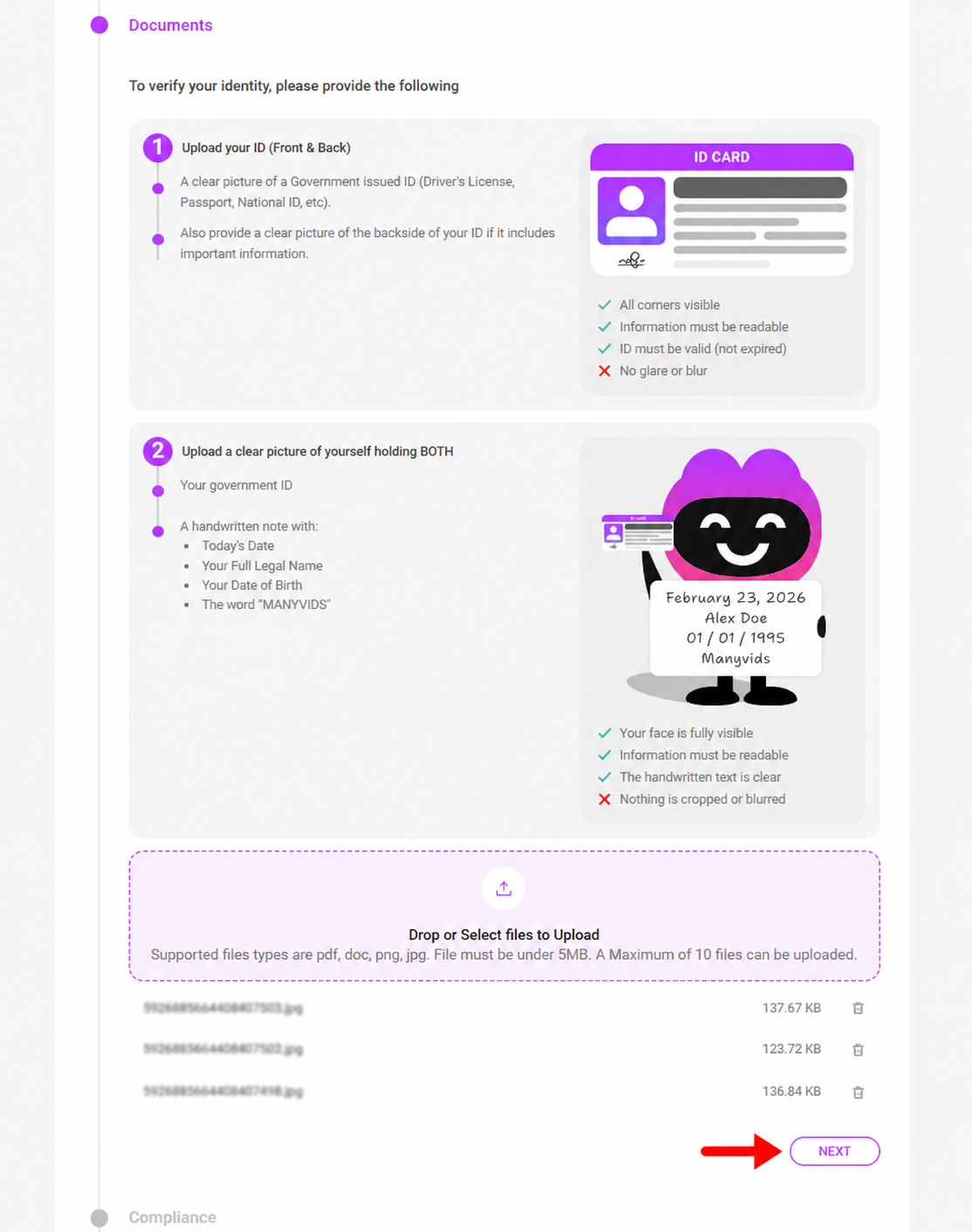 ManyVids Documents screen with ID upload instructions and Next button