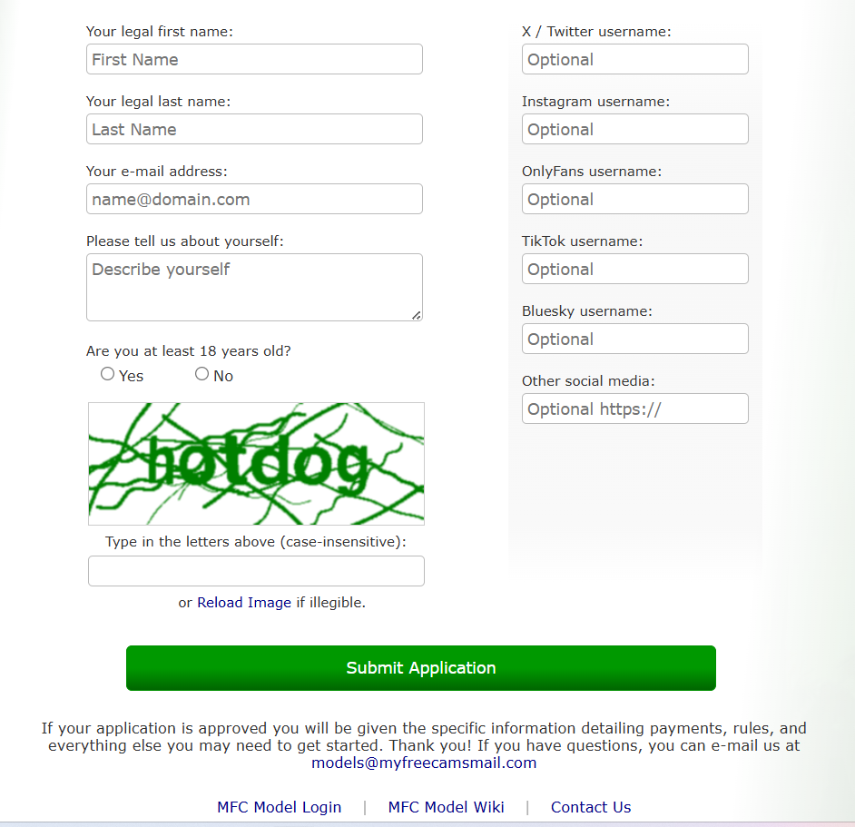 MyFreeCams prospective model application form with legal name, email, social media and Submit Application button