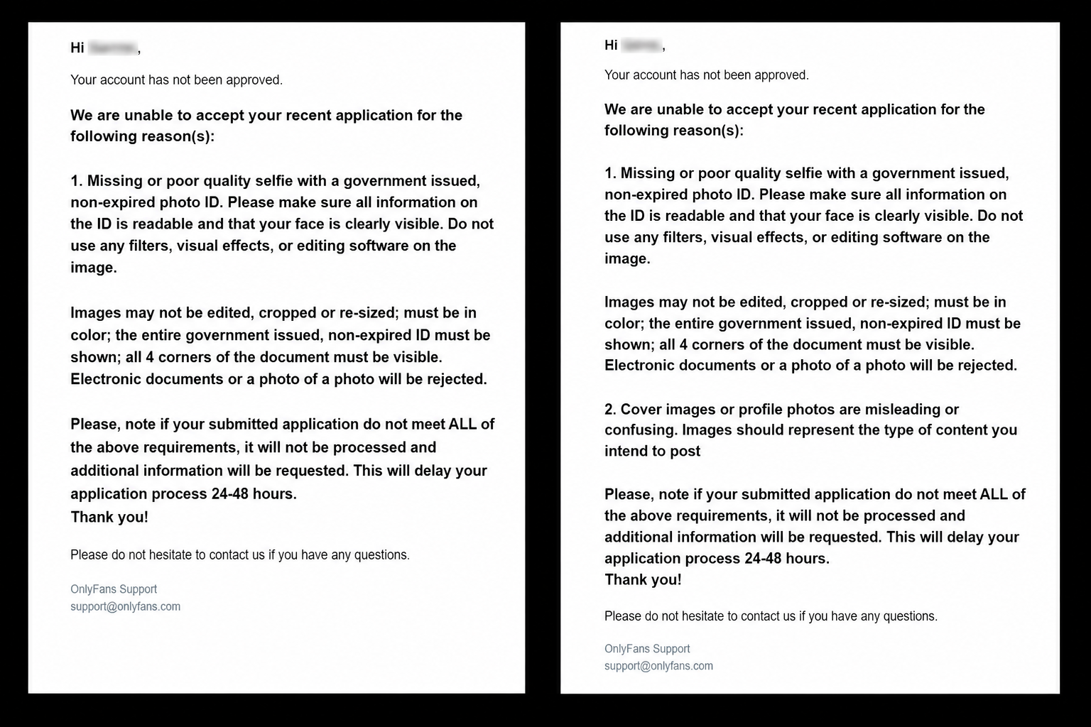 Two real OnlyFans identity verification rejection emails we received while testing the creator signup, showing the account was declined despite clear-looking ID and selfie photos
